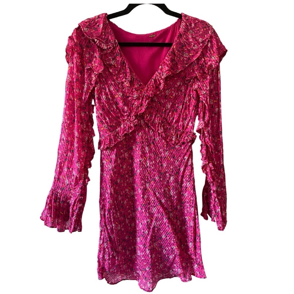 Free People Vibrant Pink Floral Long Sleeve Dress